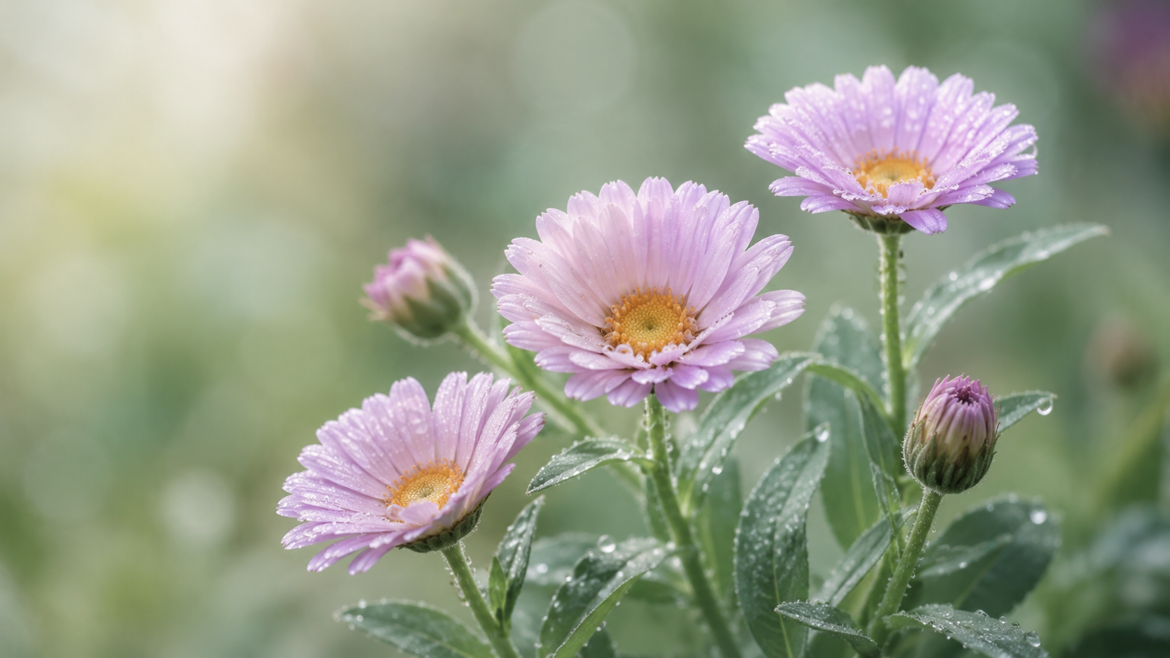 Three pink daisies with dew in a soft green garden scene