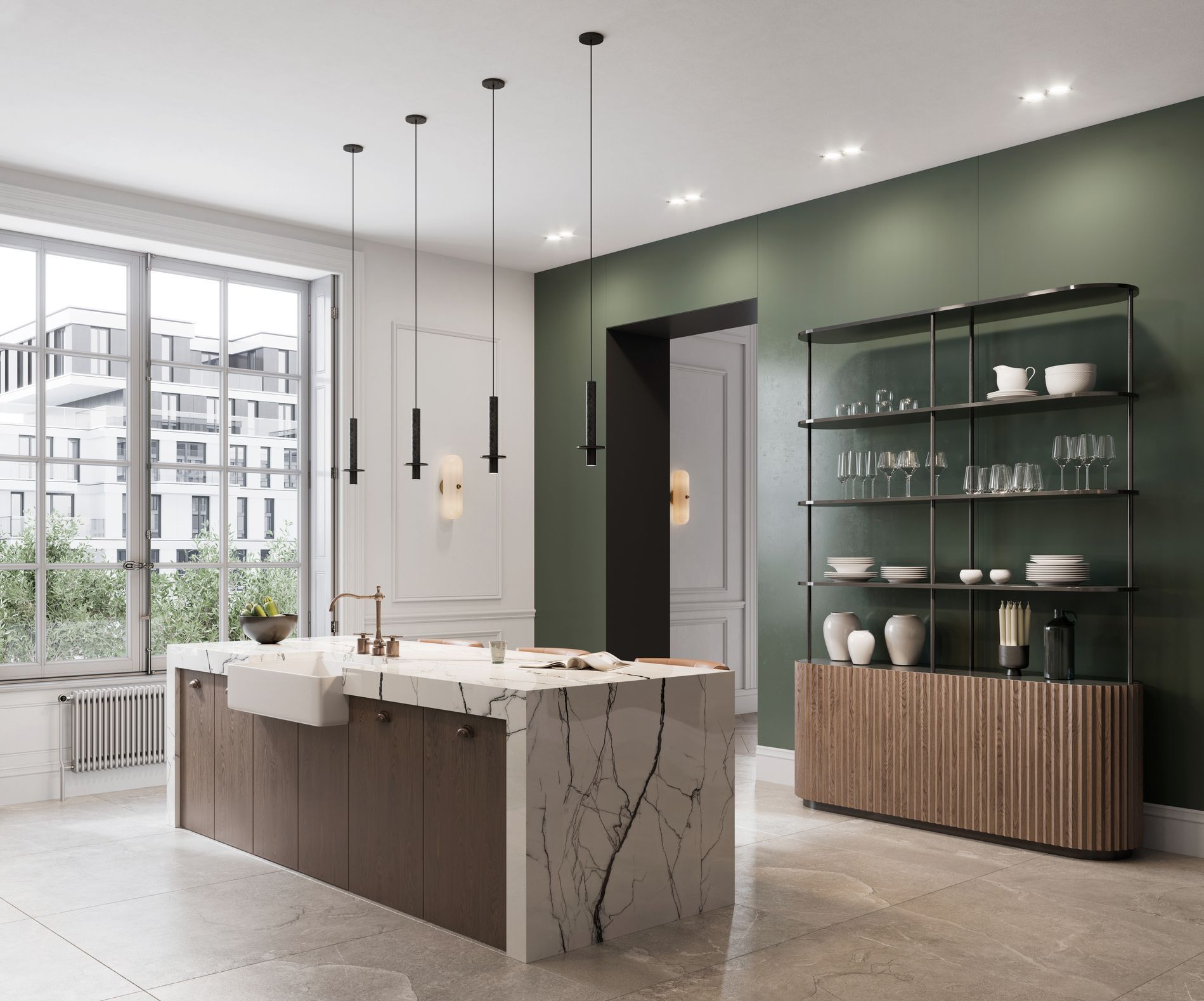 A kitchen with a large island and a green wall
