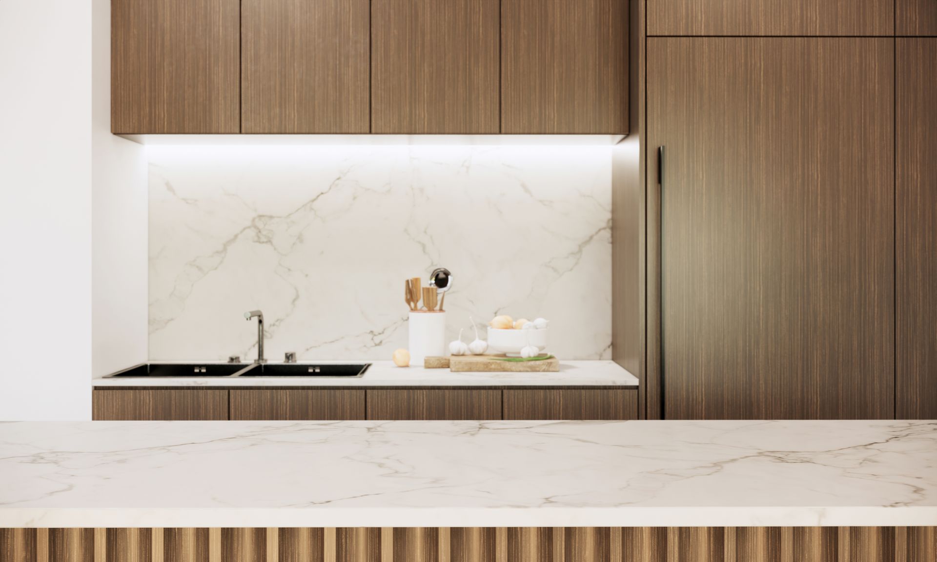 A kitchen with wooden cabinets and a white counter top.