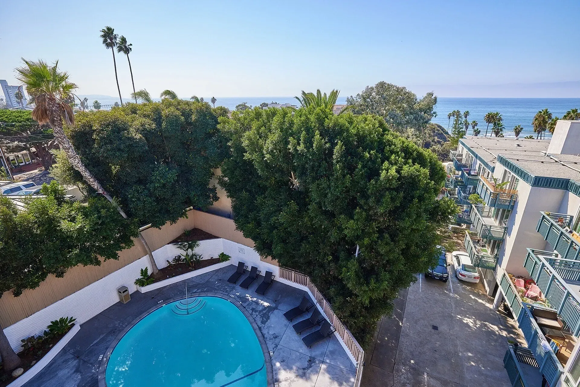 Courtyard pool beneath lush trees, with ocean view and sun loungers in a bright resort setting