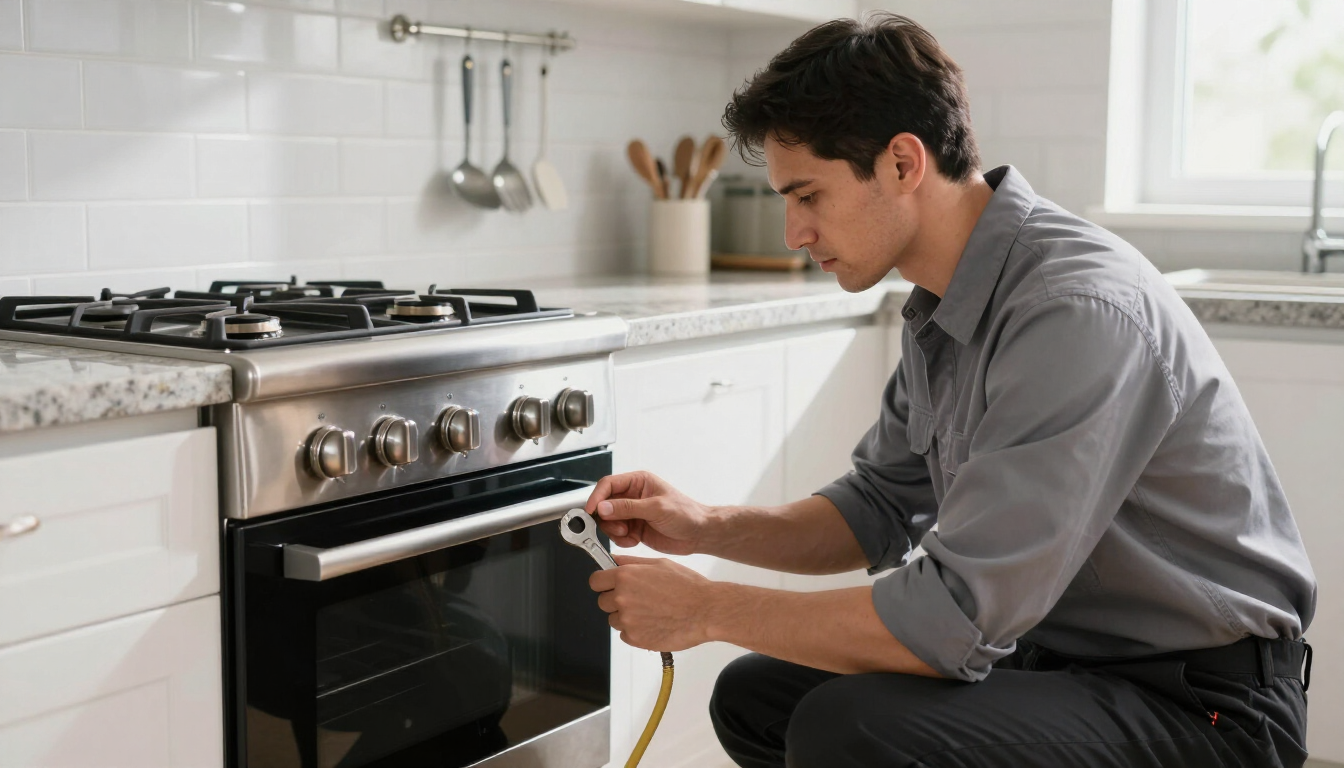 Un hombre está arrodillado junto a un horno de cocina y lo inspecciona con una llave inglesa, en una cocina blanca y luminosa.