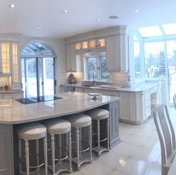 Bright white modern kitchen with a large island, bar stools, and skylights overlooking snow outside