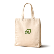 Borsa tote beige con logo a foglia verde e doppi manici su sfondo bianco.