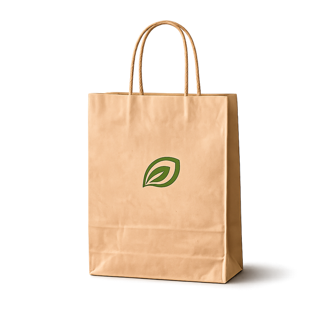 Borsa della spesa in carta marrone con manici in corda e logo a forma di foglia verde su sfondo bianco.