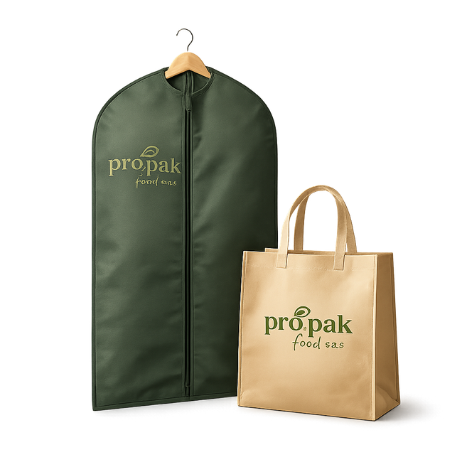 Porta abiti verde e borsa tote color cuoio con logo 