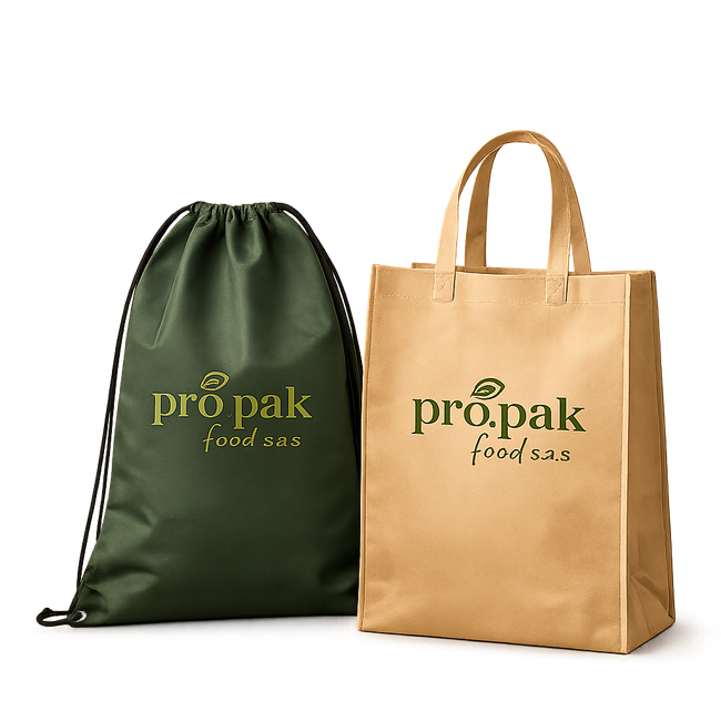 Due borse riutilizzabili Propak Food Ware, una verde scuro con coulisse e una marrone chiaro, su sfondo bianco.
