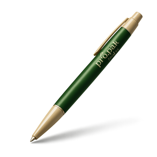 Penna a sfera verde e oro inclinata su sfondo bianco