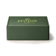 Scatola per alimenti ProPak di colore verde scuro con logo dorato su sfondo bianco.