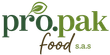 Logo di Propak Food Sas in verde e marrone con un'icona a forma di foglia sopra il marchio denominativo