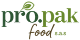 Logo di Propak Food Sas in verde e marrone con un'icona a forma di foglia sopra il marchio denominativo