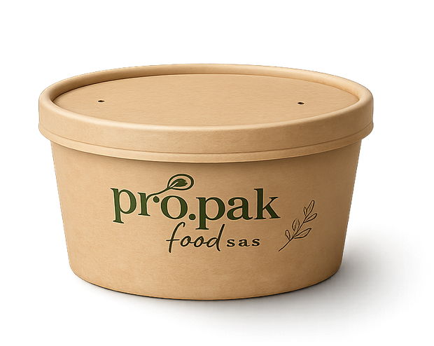 Contenitore per alimenti in carta beige con coperchio e logo Pro.pak verde.