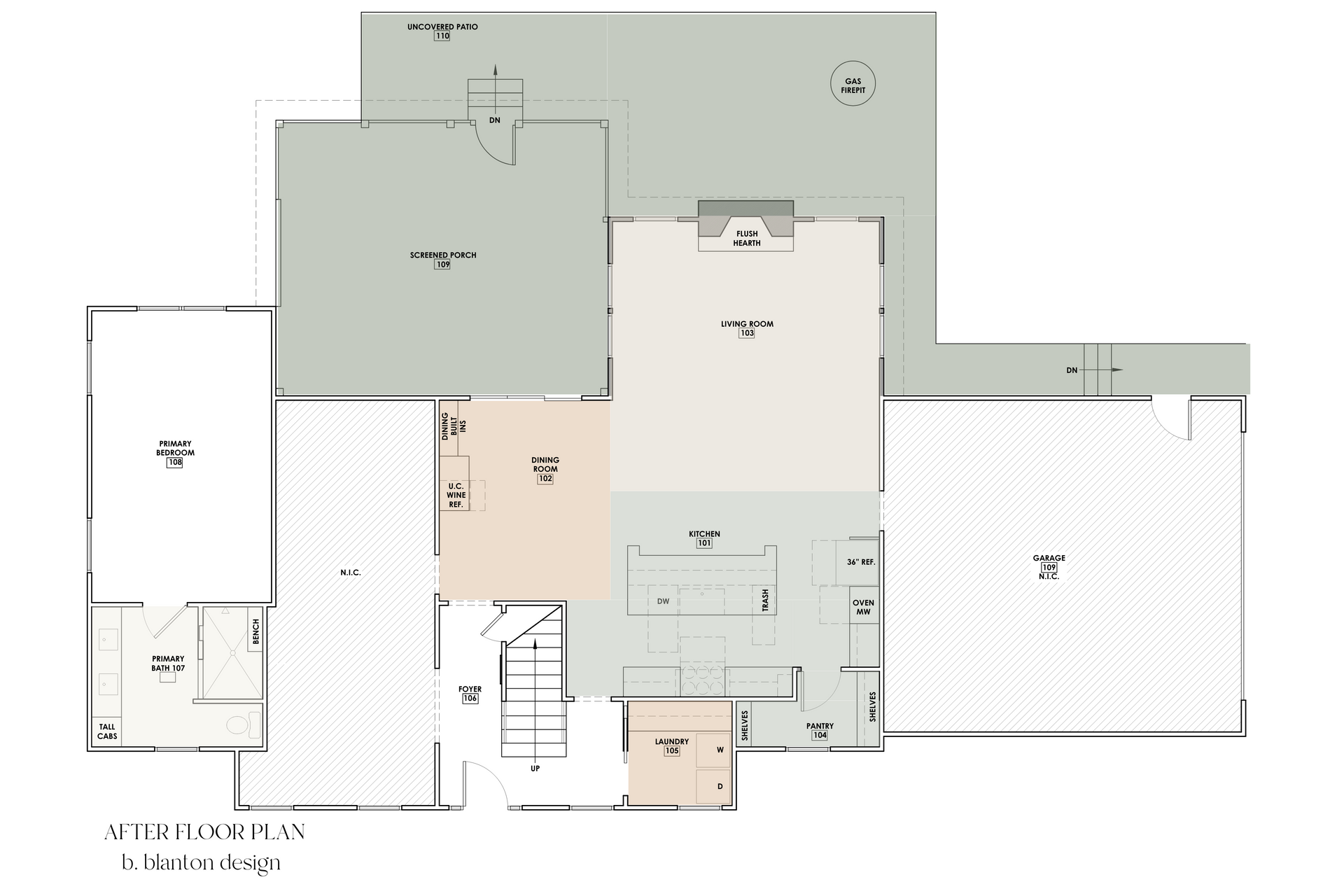 Floor plan with light green, beige, and white areas; various rooms and doors are labeled.