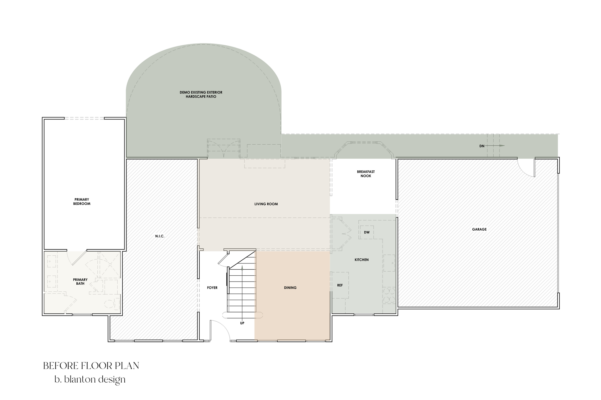 Floor plan of a house with various rooms in different colors.