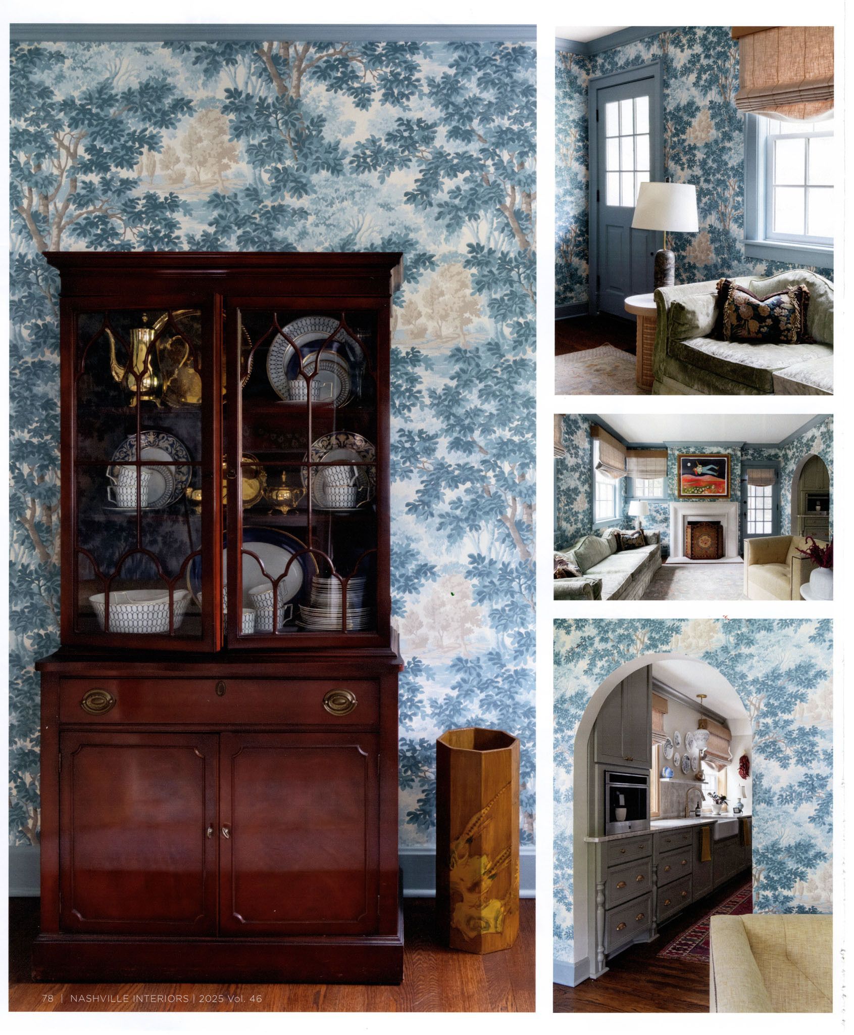 Wooden hutch and various interior rooms with blue leaf wallpaper.