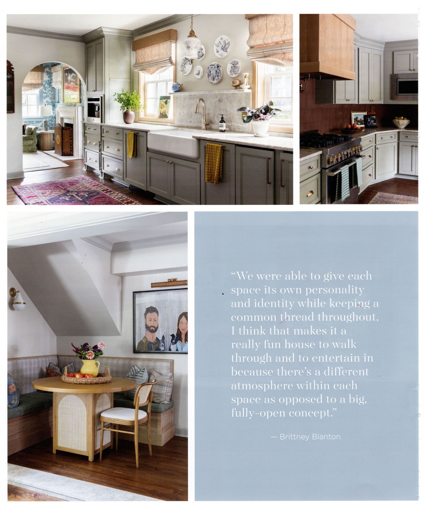 Collage: Kitchens with light cabinets, colorful rugs, decorative plates, and a breakfast nook with a quote.