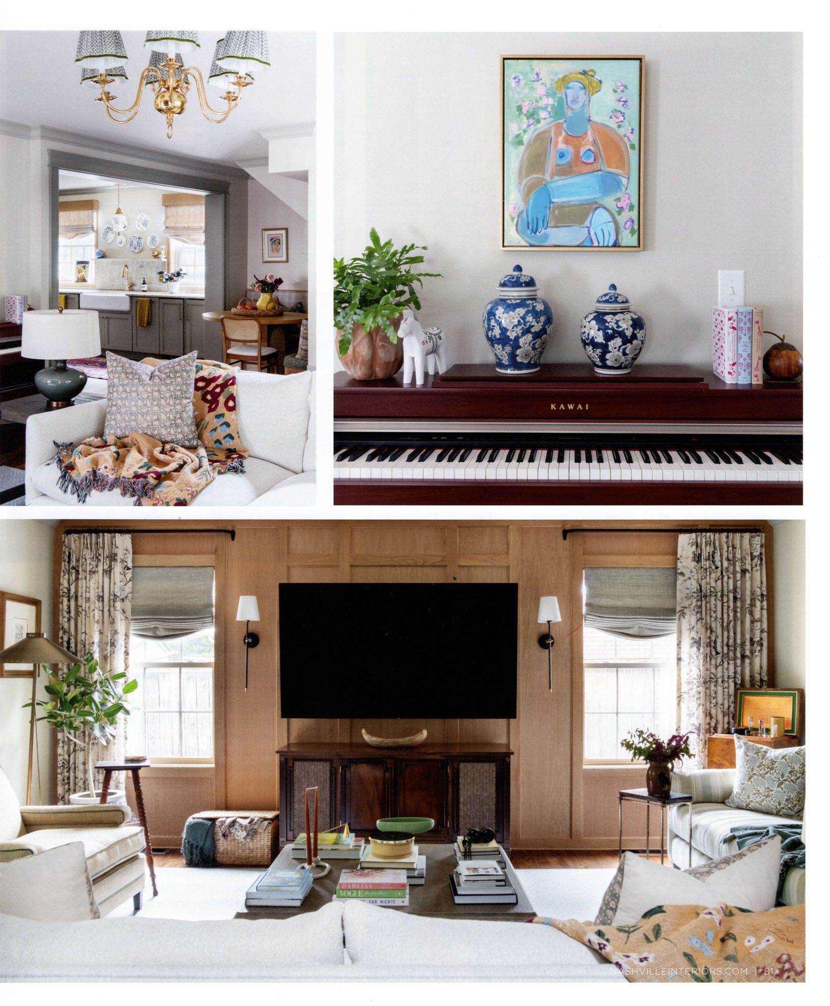 Collage of three interior design shots featuring living rooms with furniture, art, and decor.