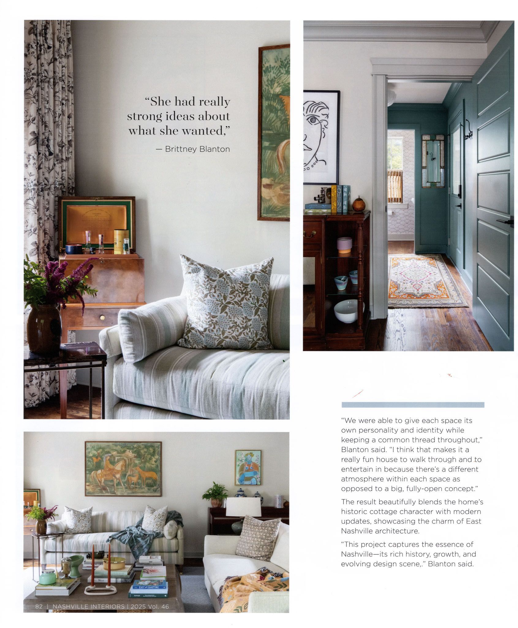 Interior design collage: living room with sofa, doorway, and text.
