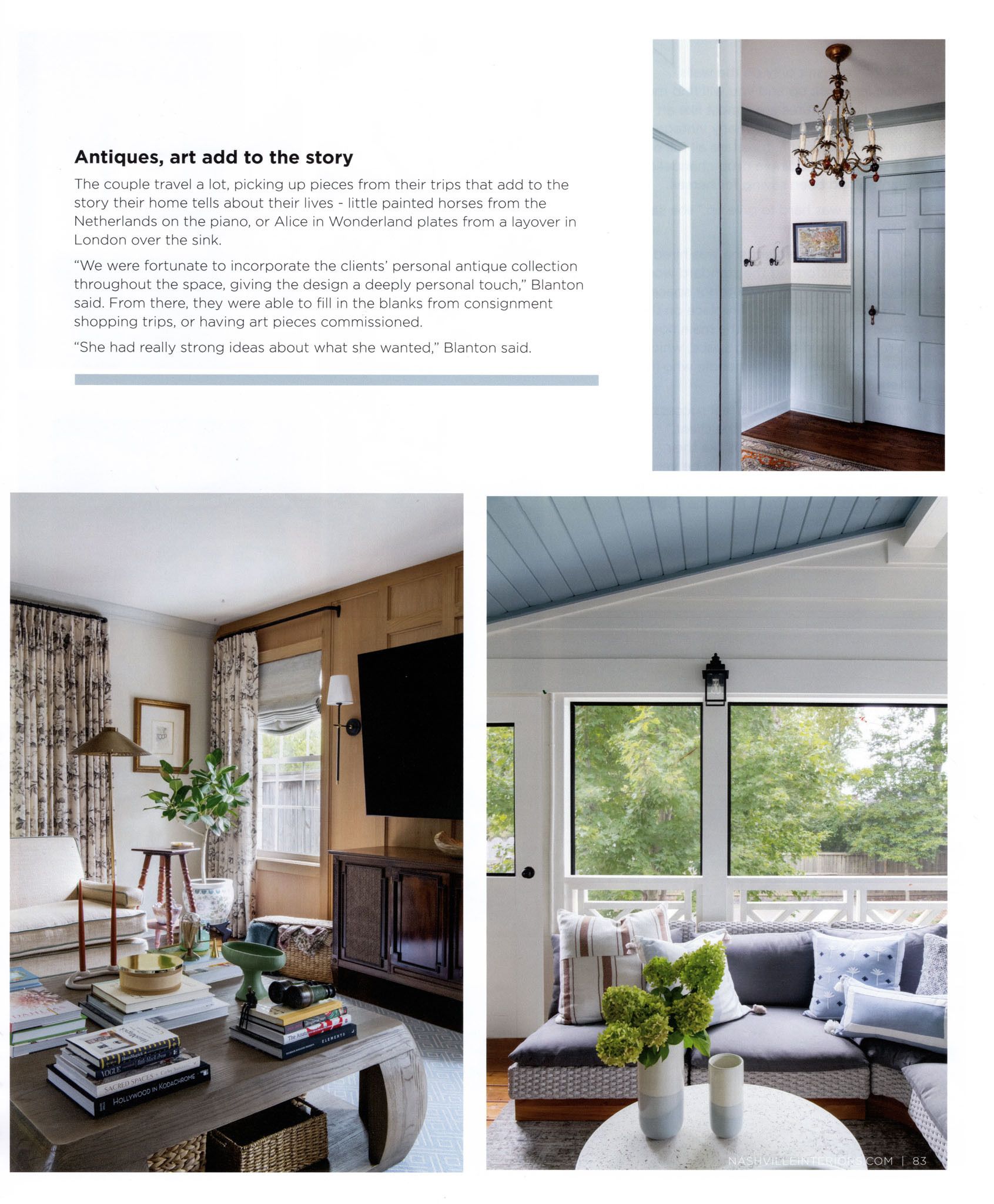 Home interiors: living room, light fixture, porch with gray furniture, neutral colors.