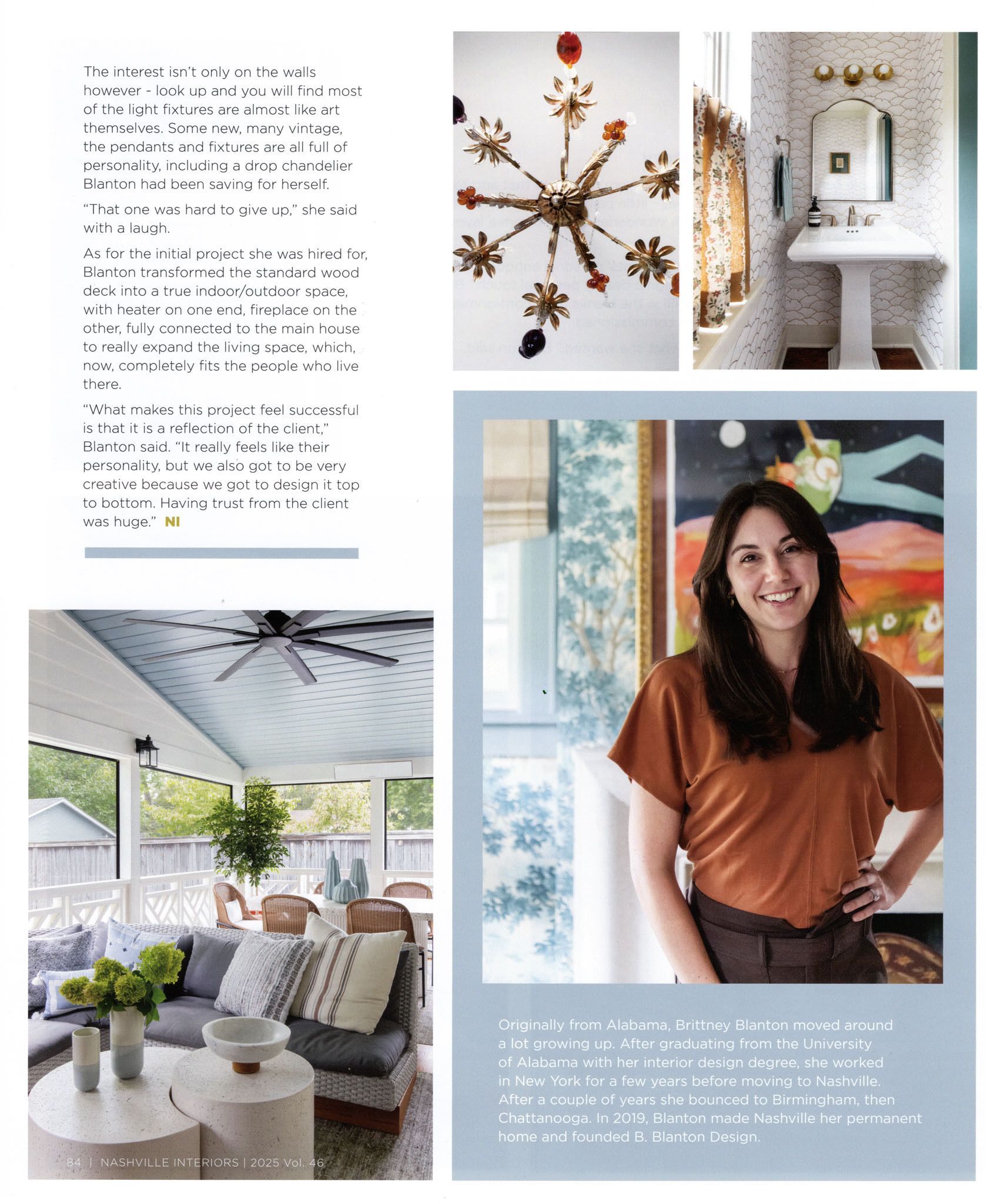Woman in brown shirt, white pedestal sink, chandelier, outdoor living space with couch.
