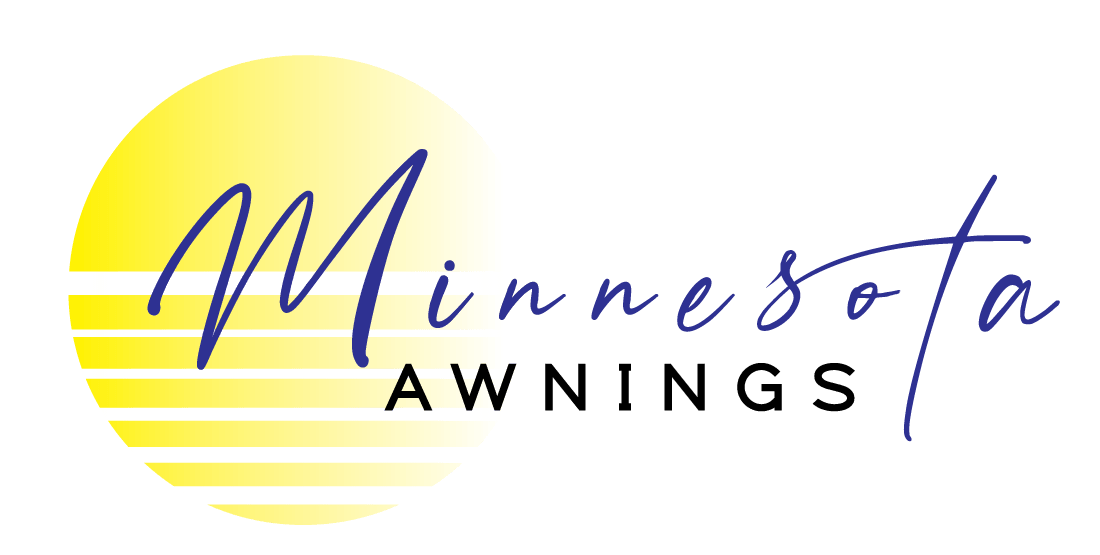 Logo for Minnesota Awnings with blue script text over a yellow circle with horizontal stripes.