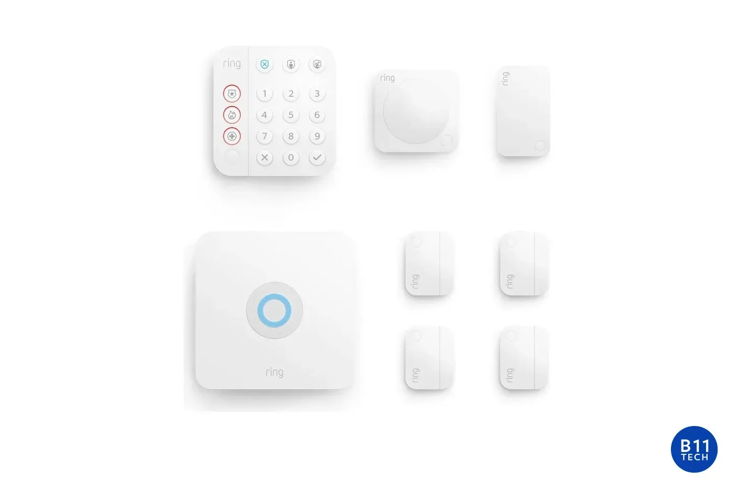 Ring Alarm eight-piece kit with a Base Station, keypad, sensors, and range extender, with a B11 Tech watermark.
