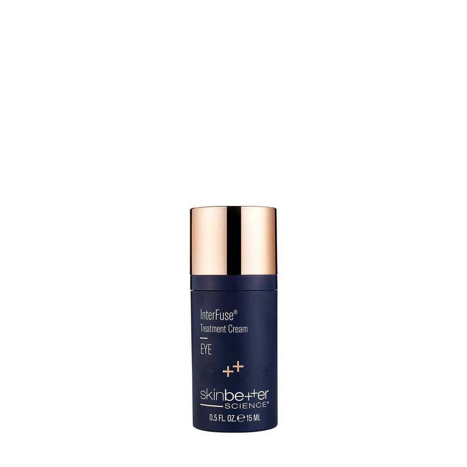 A bottle of skin better eye cream on a white background.