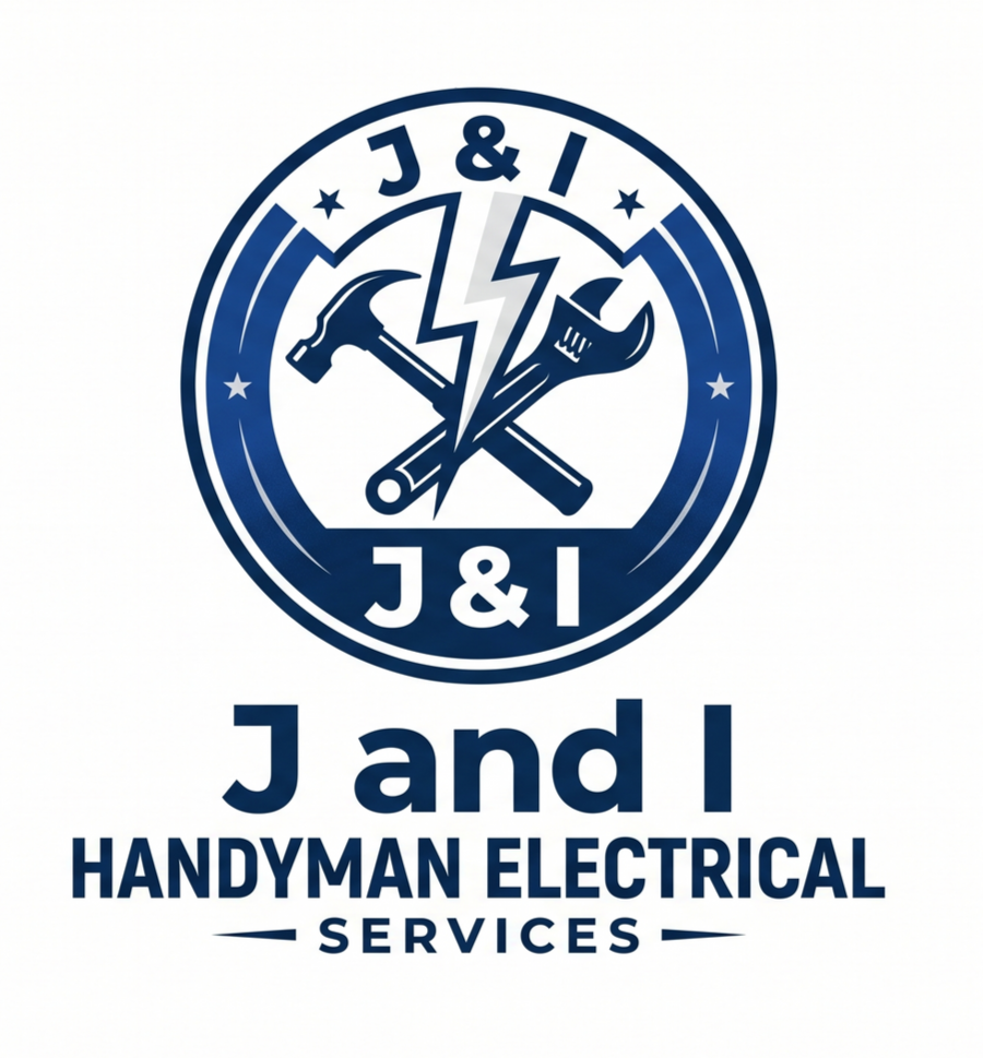 J and I Handyman Electrical Services logo with blue circular tools icon and bold navy text