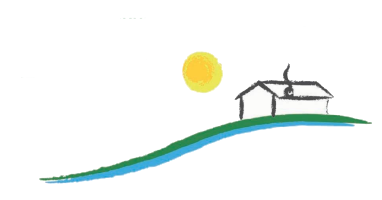 Illustrazione semplice: una piccola casa con del fumo che sale, situata su una collina verde con un bordo blu e un sole giallo nel cielo.