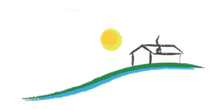 Illustrazione semplice: una piccola casa con del fumo che sale, situata su una collina verde con un bordo blu e un sole giallo nel cielo.