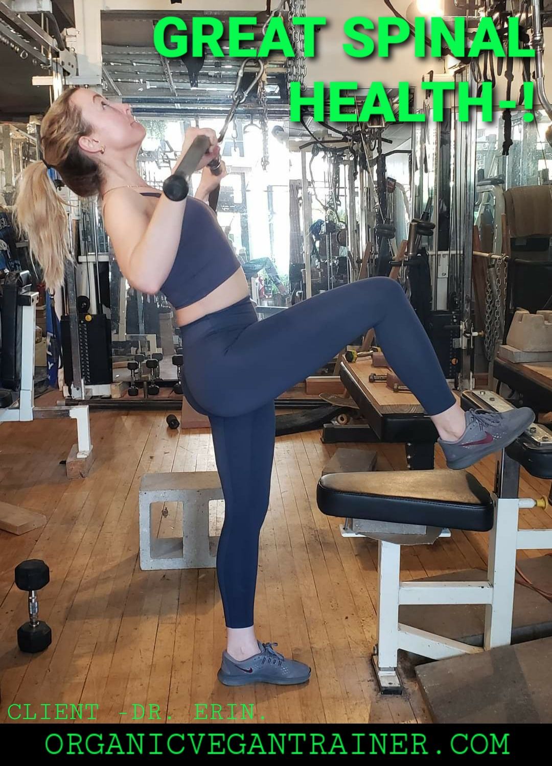 A woman is doing exercises in a gym with the words great spinal health written above her