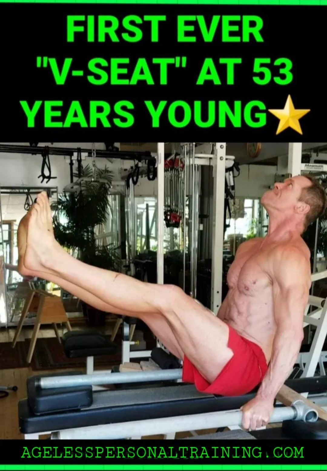 A man is doing a v-seat at 53 years young