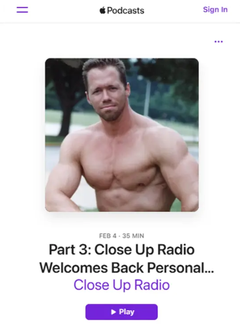 A shirtless man is on a podcast called close up radio
