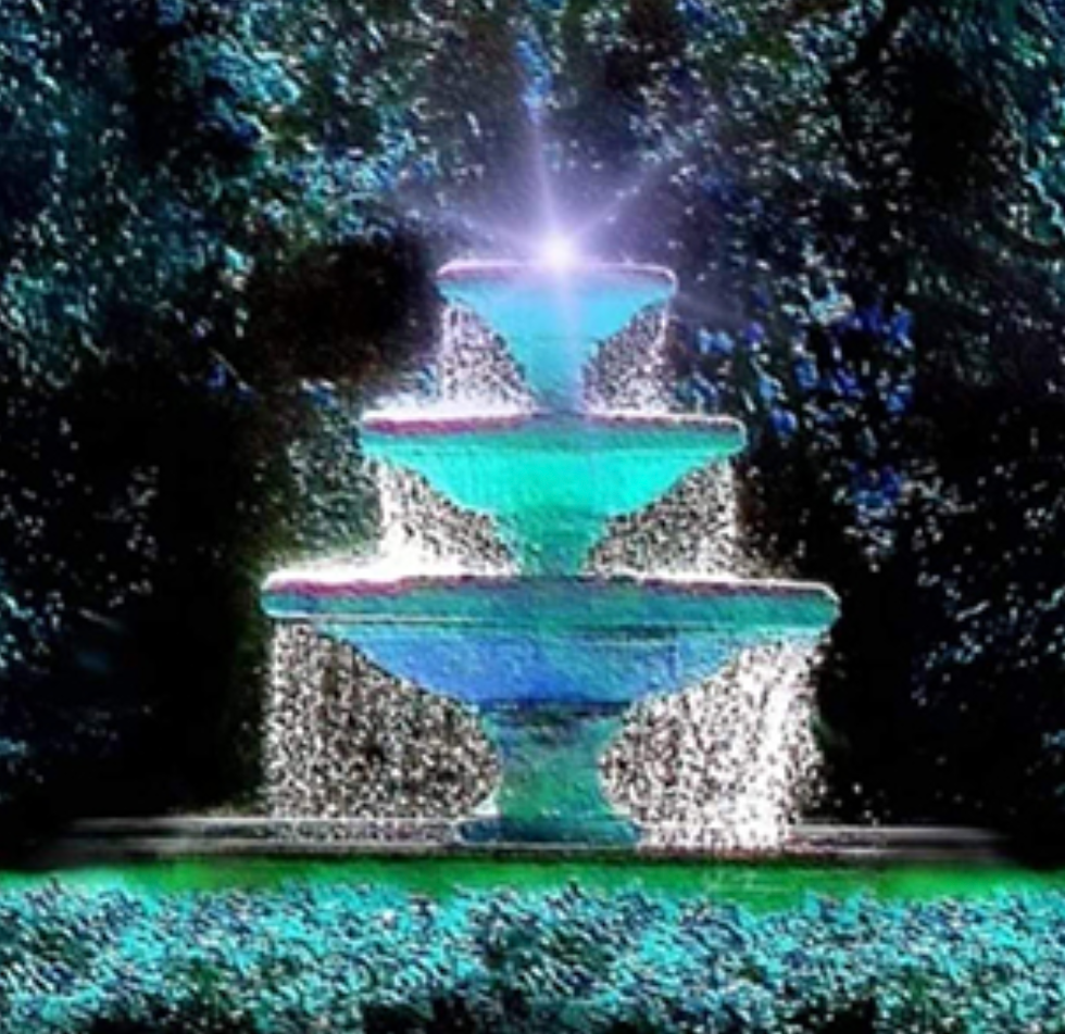 A fountain with a purple light coming out of it
