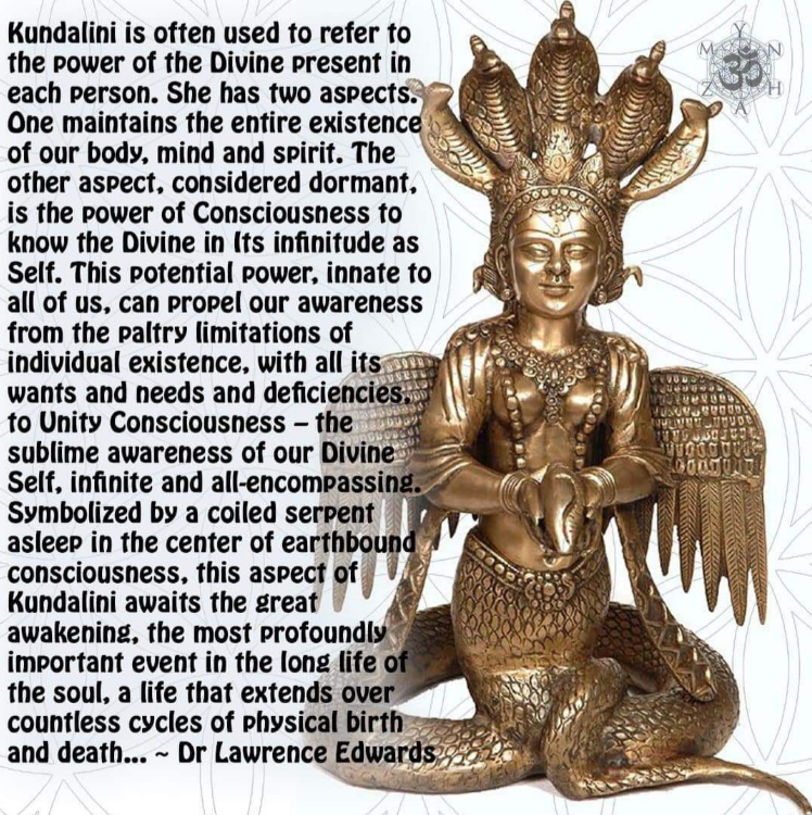 A statue of a woman with snakes on her head is surrounded by text about kundalini