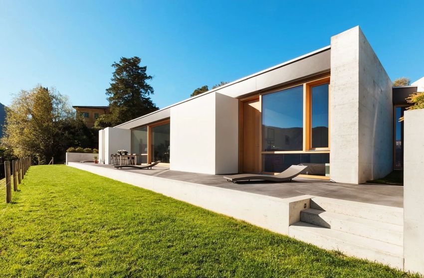 Modern white house with large windows, patio, and green lawn in bright sunlight