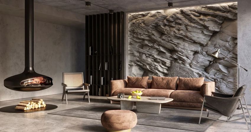 Modern living room with a hanging fireplace, brown sofa, and dramatic stone accent wall