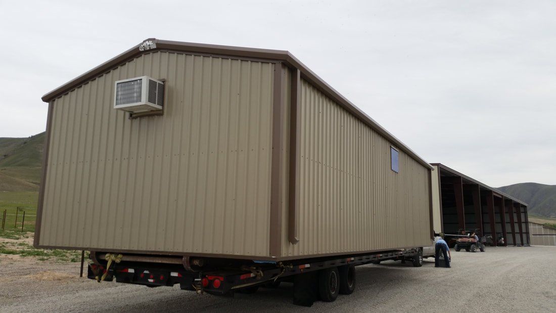 A trailer is carrying a mobile home on a gravel road.