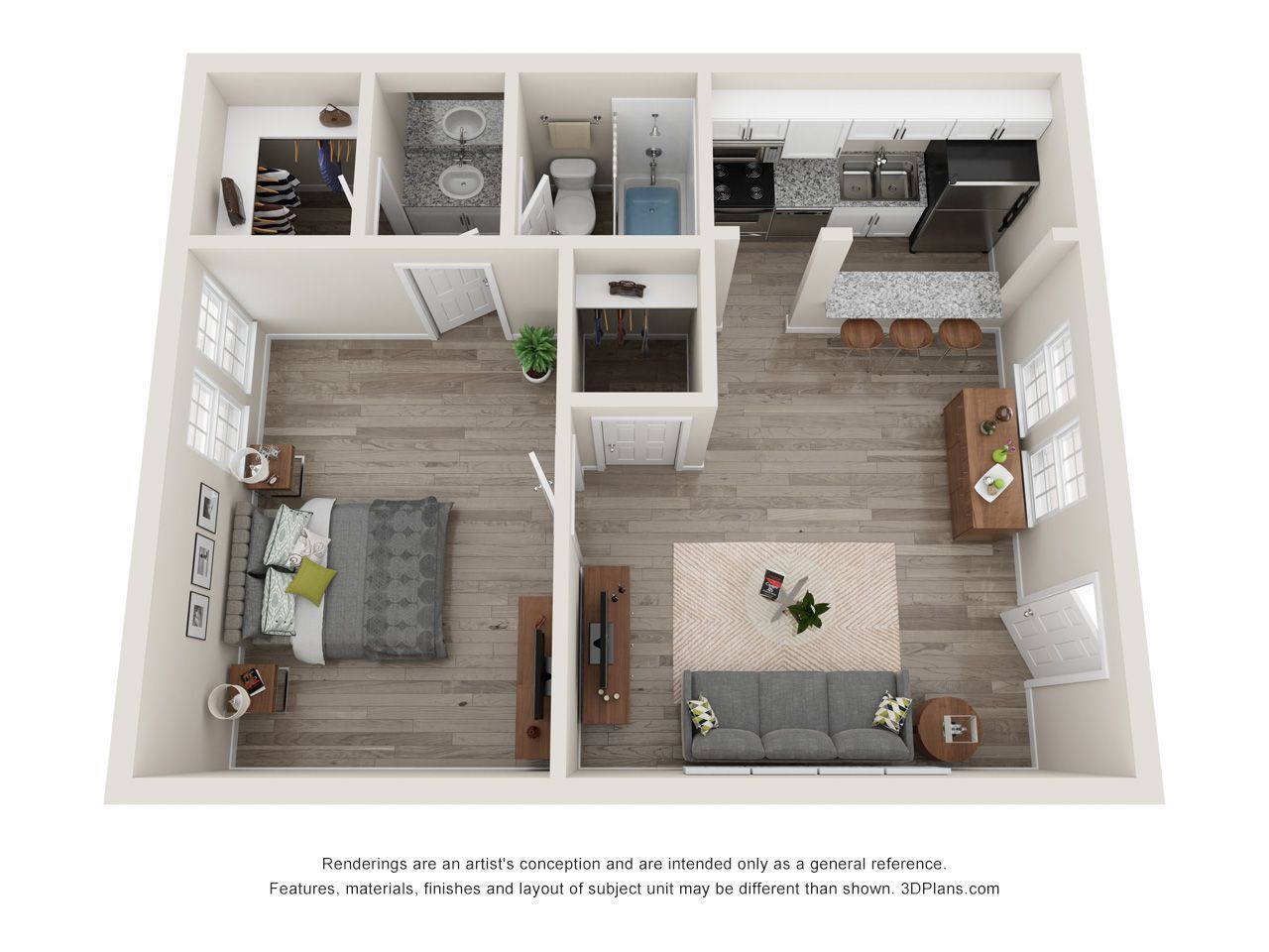 Top-down apartment floor plan with bedroom, bathroom, kitchen, and living area in neutral tones