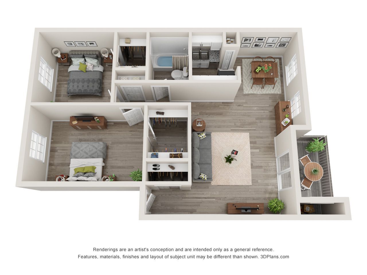 3D floor plan of a small furnished apartment with living room, bedrooms, bathroom, and balcony