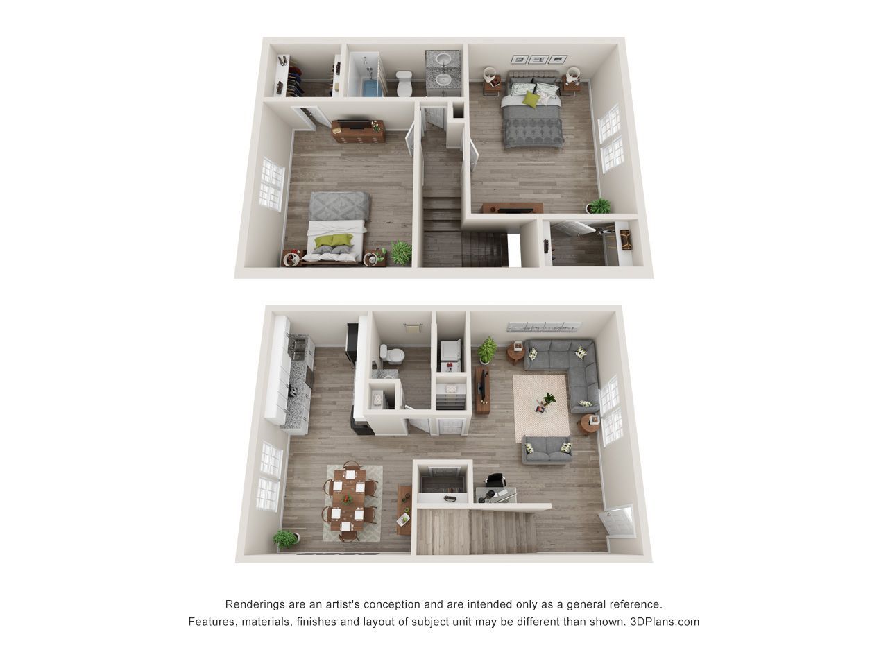 Two 3D apartment floor plans showing furnished rooms in a compact layout.