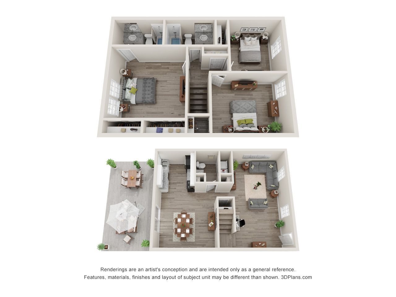 Top-down 3D floor plan of a small home with furnished rooms and a patio area.