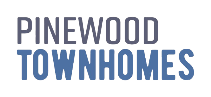Pinewood Townhomes logo in gray and blue text