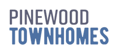 Pinewood Townhomes logo in gray and blue text