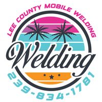 The logo for lee county mobile welding shows a sunset and palm trees.