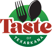 Taste of Texarkana logo with red text, green circle, and black fork and spoon