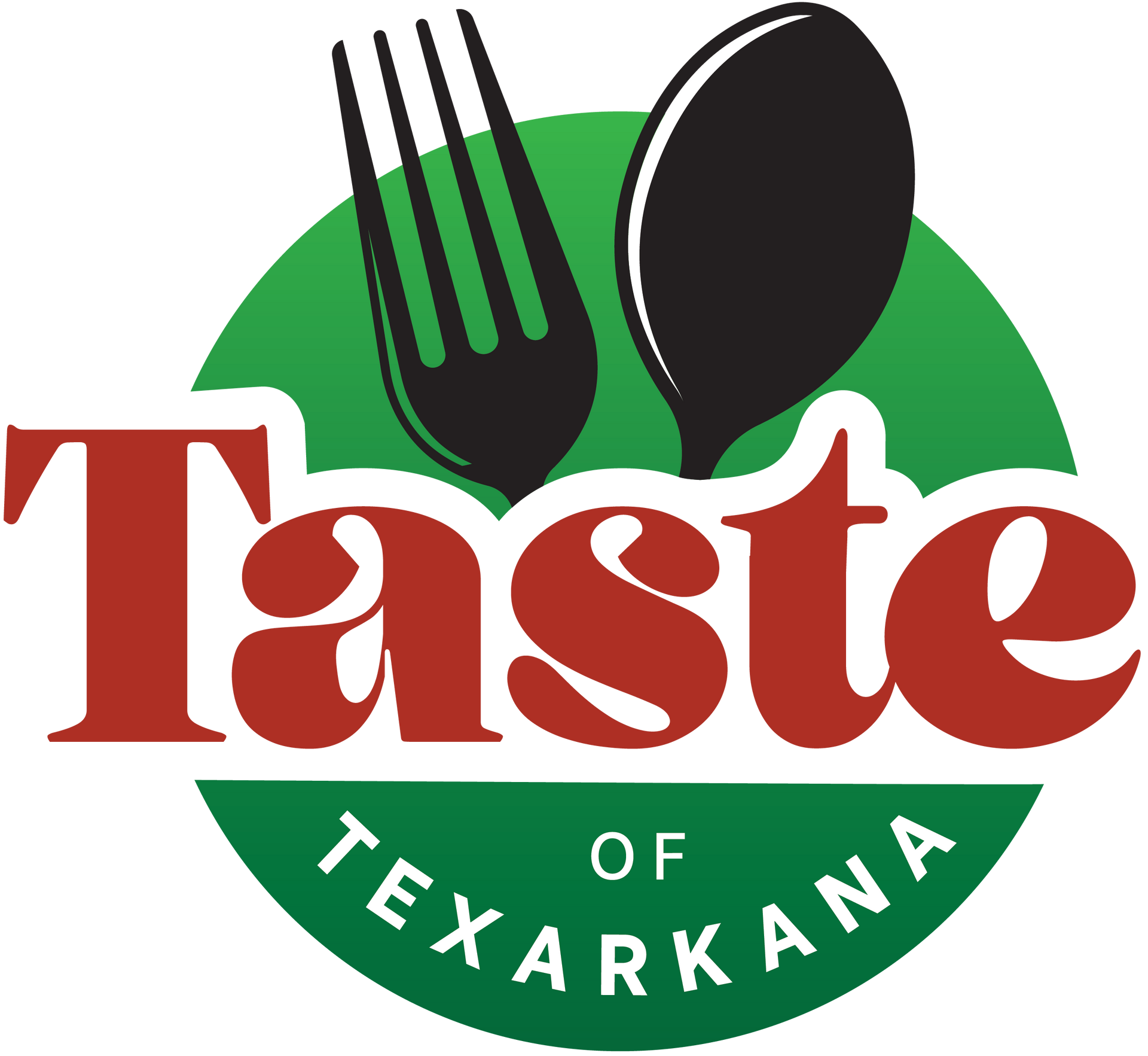 Taste of Texarkana logo with red text, green circle, and black fork and spoon