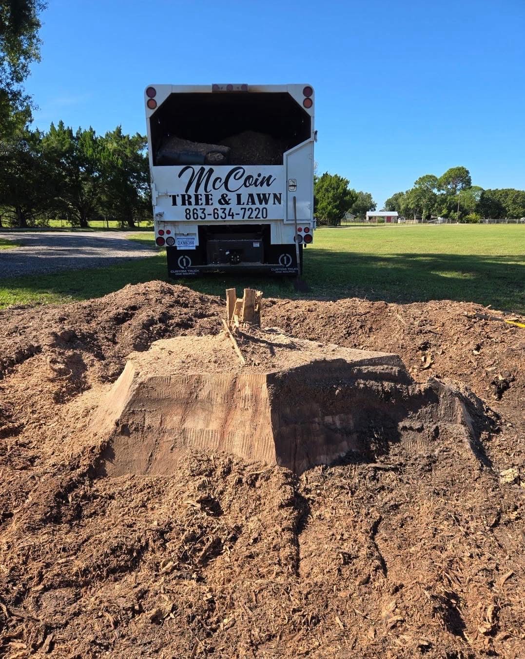 Trenching machine at work in a grassy yard under a blue sky, with a trench cut through the dirt.