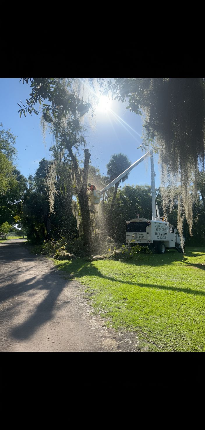 A tree being trimmed by a lift truck on a sunny day.
