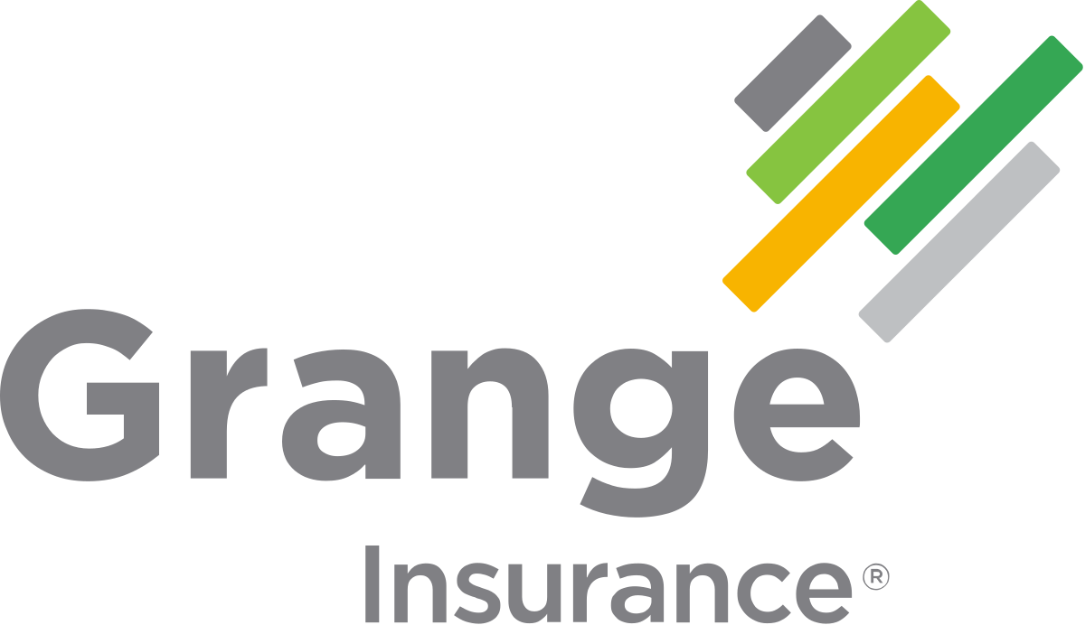 A logo for grange insurance with a green , yellow , and gray arrow.