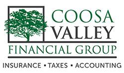 The logo for coosa valley financial group shows a tree in a square.